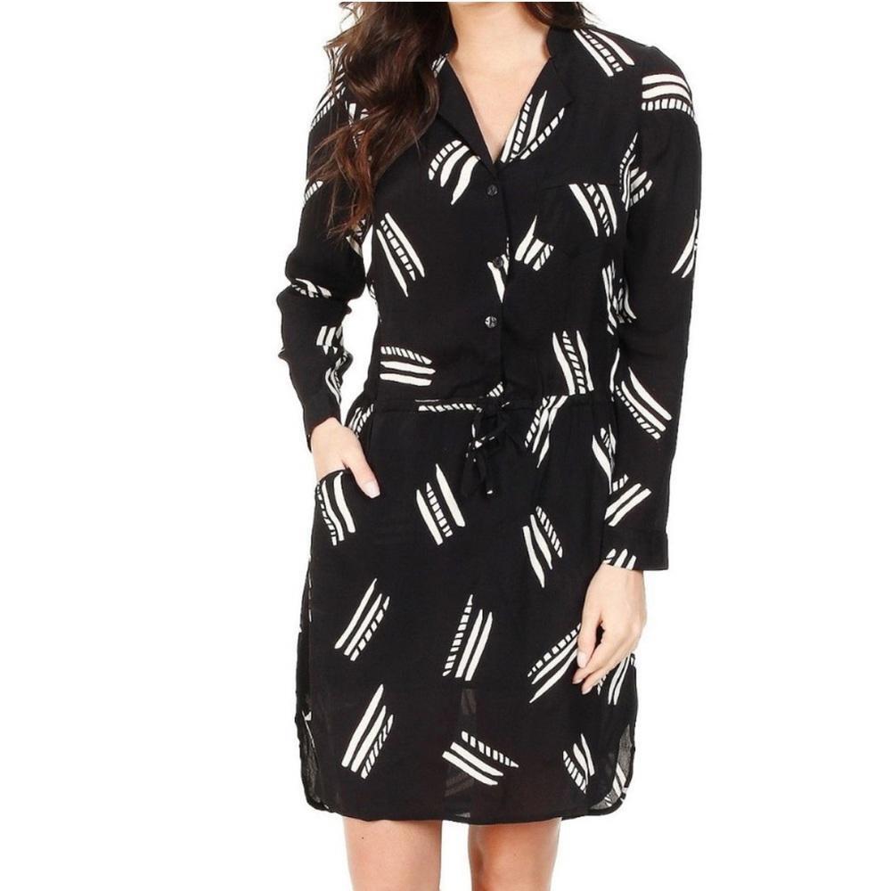 Lucky Brand Shirtdress Drawstring Waist Long Sleeve Black White Shift Small